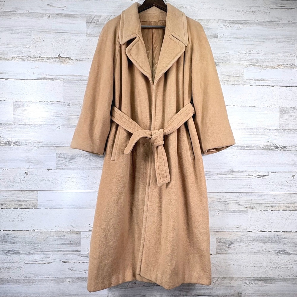 Vintage 70s Regency Cashmere Long Trench Coat 8 Camel Tan Tie Waist Old Money - Picture 1 of 12